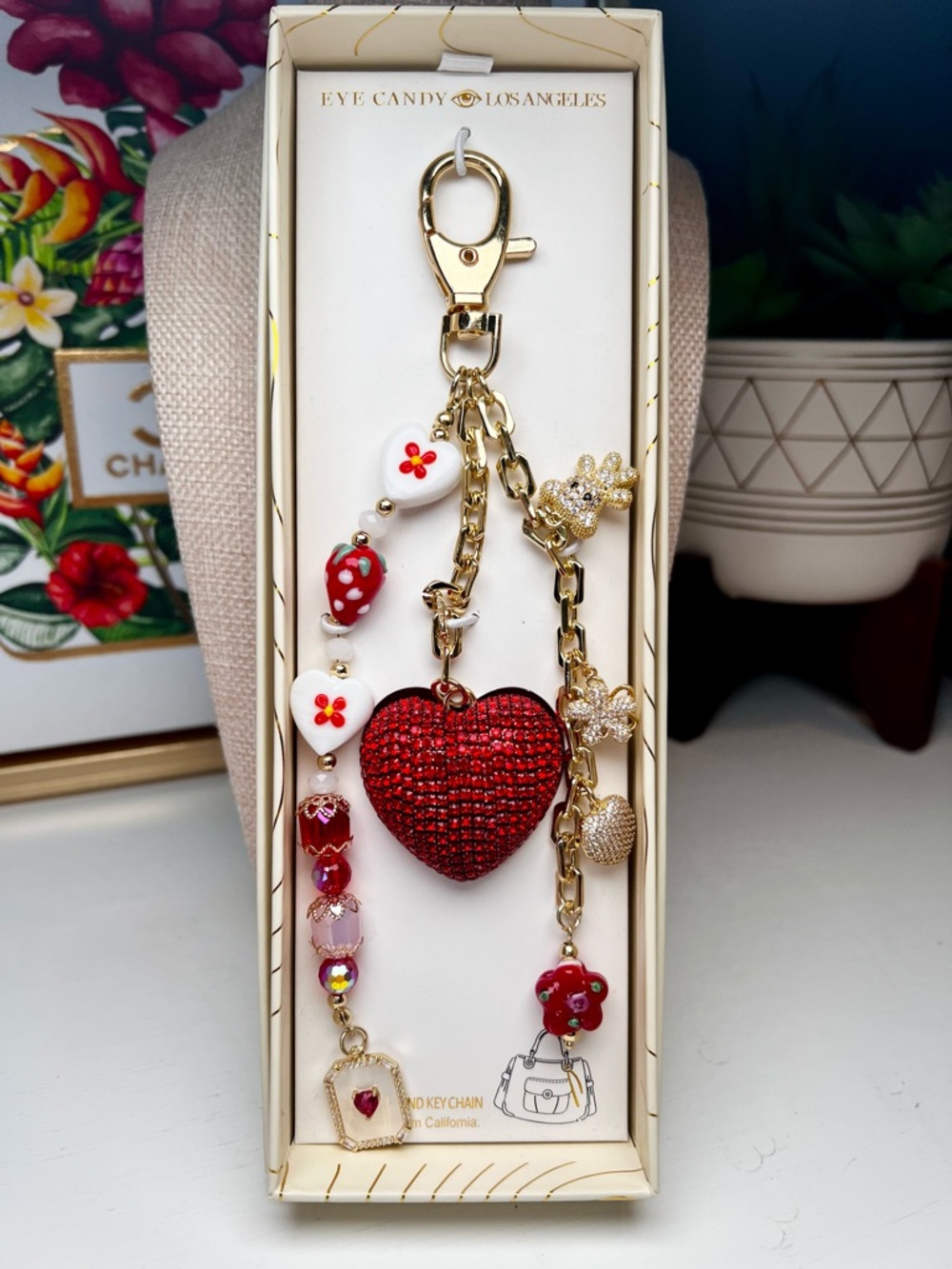 Eye Candy Los Angeles Red Heart Rhinestone Charm Keychain - Strawberry 🍓 & Bear - Picture 2 of 4